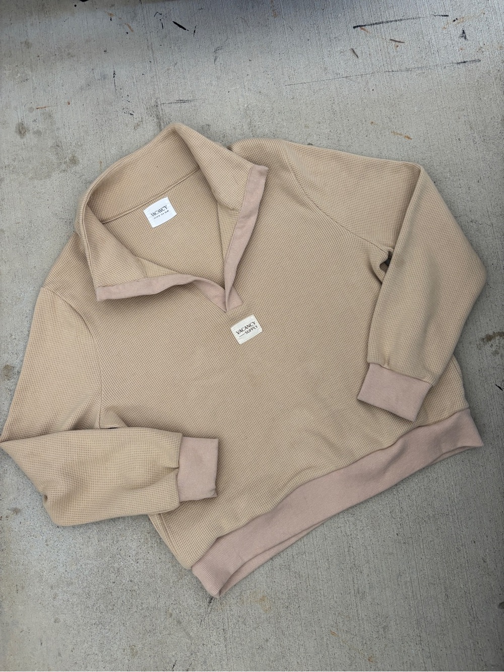 Beige Waffle Knit v-neck Pullover